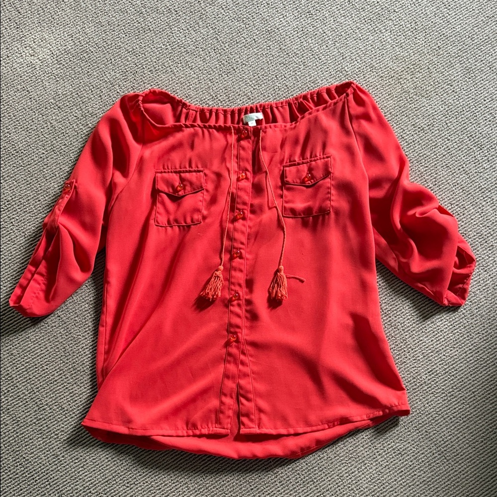 Red/orange Tassel Button-Front Women's Top